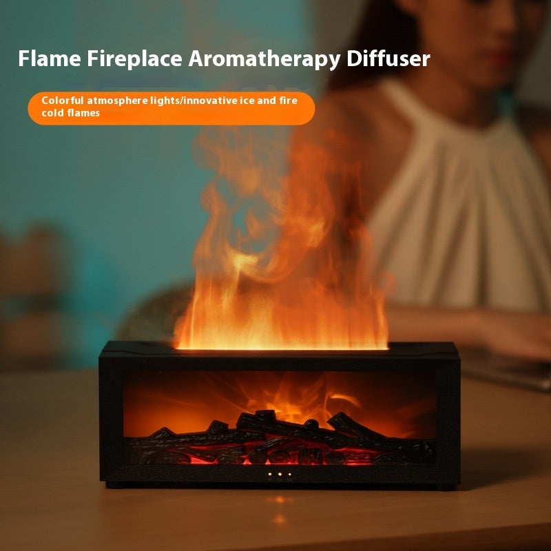 New Flame Aromatherapy Diffuser – Colorful LED Essential Oil Humidifier with Large Fog Output | 3D Flame Effect Fireplace Design for Home