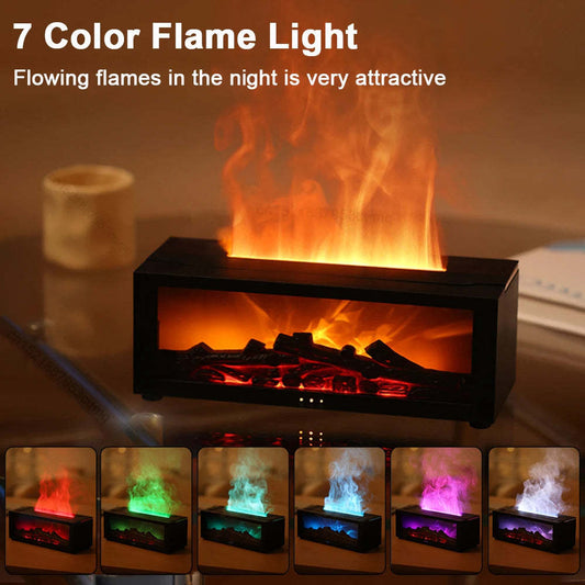 New Flame Aromatherapy Diffuser – Colorful LED Essential Oil Humidifier with Large Fog Output | 3D Flame Effect Fireplace Design for Home