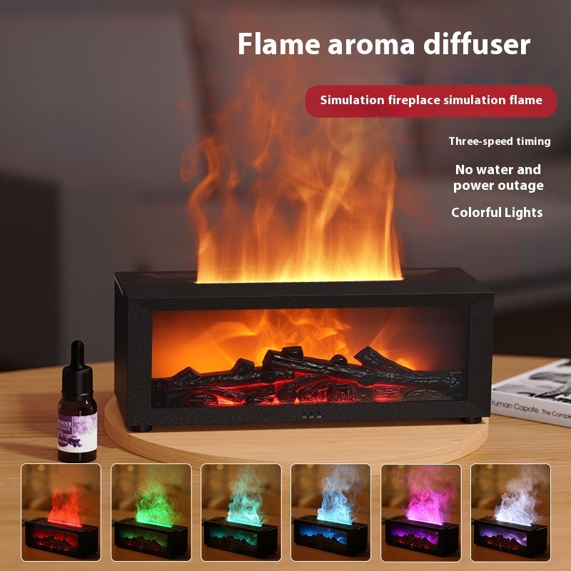 New Flame Aromatherapy Diffuser – Colorful LED Essential Oil Humidifier with Large Fog Output | 3D Flame Effect Fireplace Design for Home