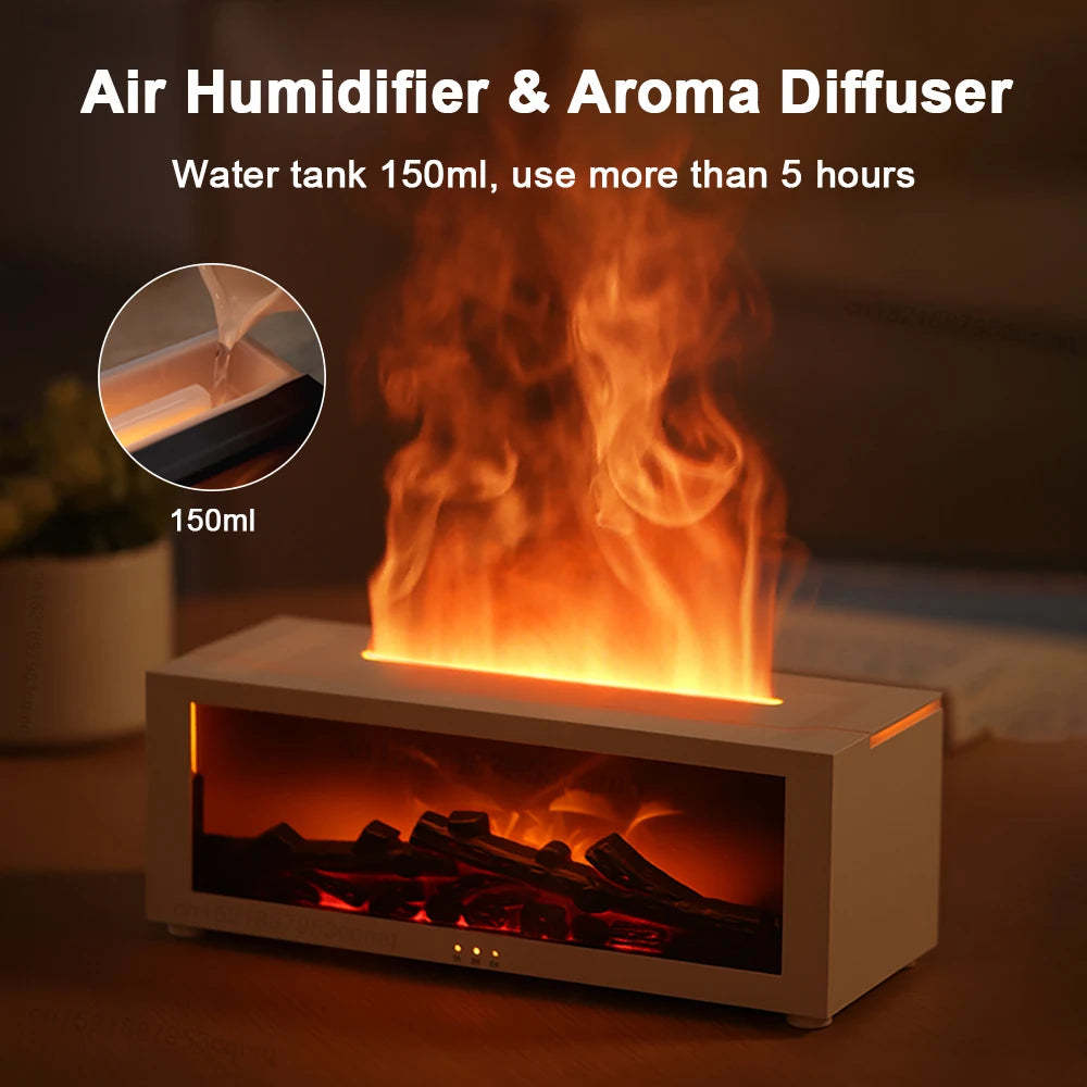 New Flame Aromatherapy Diffuser – Colorful LED Essential Oil Humidifier with Large Fog Output | 3D Flame Effect Fireplace Design for Home