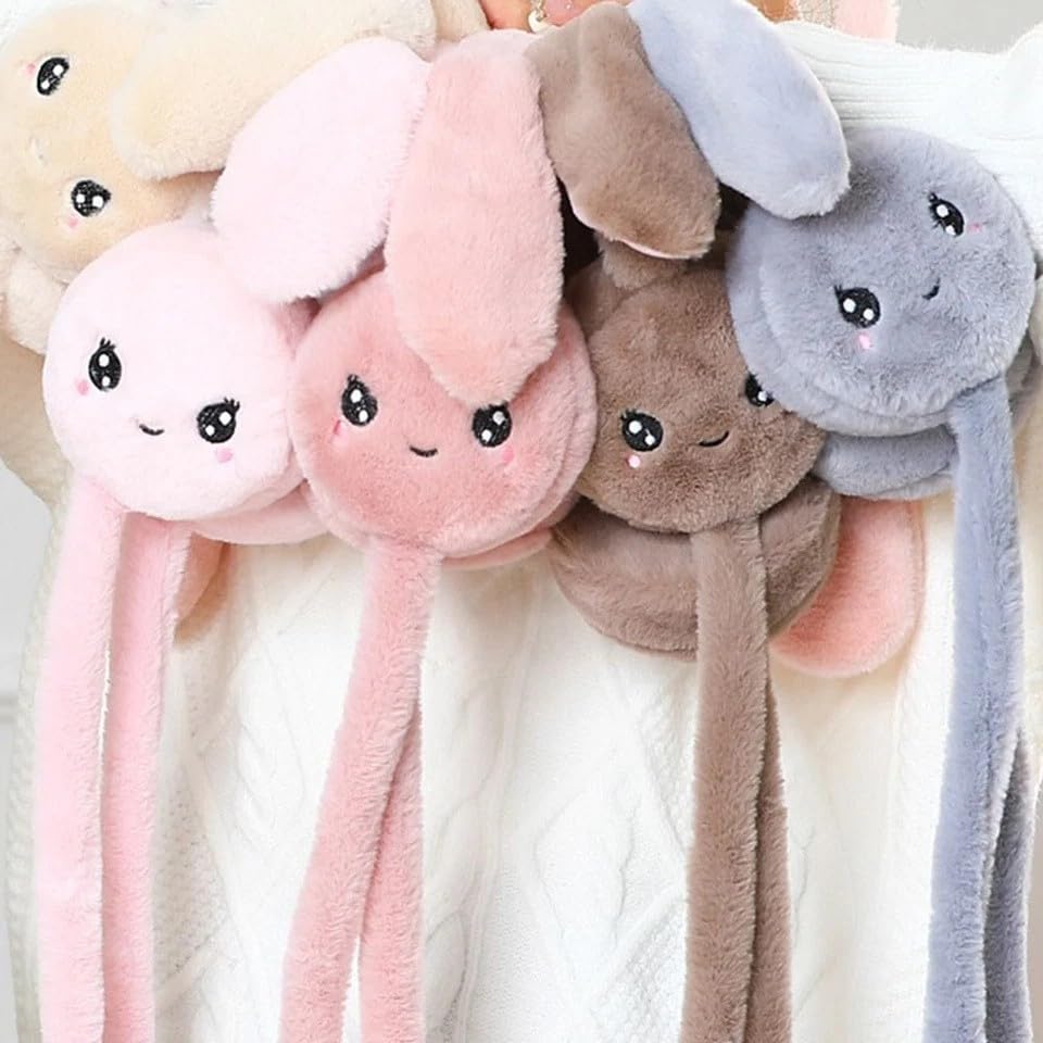 Cute Moving Bunny Ear Earmuffs for Kids – Squeeze-to-Flop Plush Headband | Warm & Adorable Winter Wear/Multicolour