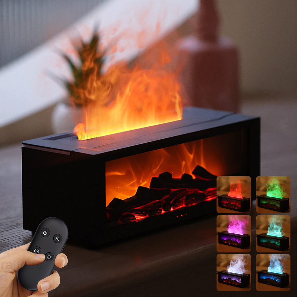 New Flame Aromatherapy Diffuser – Colorful LED Essential Oil Humidifier with Large Fog Output | 3D Flame Effect Fireplace Design for Home