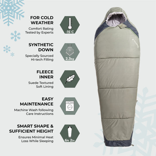 Army Sleeping Bag with Fleece Lining for Cold Weather Trekking and Travelling | Mummy Shape | Water Repellent | 3 Year Warranty ( - 15°C Green)